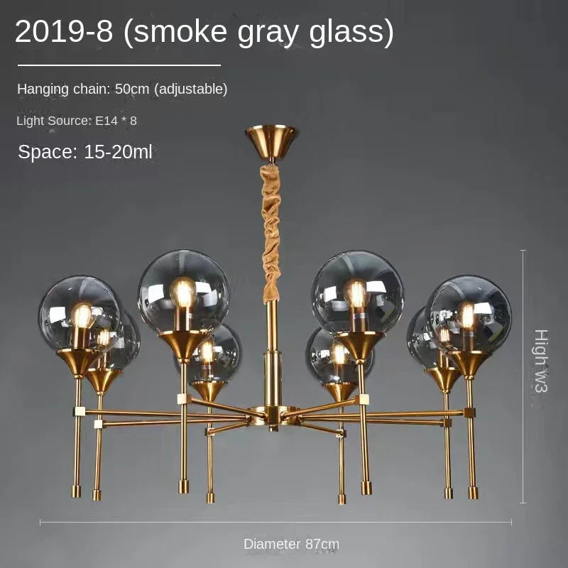 Designer Metal Chandelier for Modern Living - 8 heads Soot glass / Black lamp body / 3-color light - Chandelier