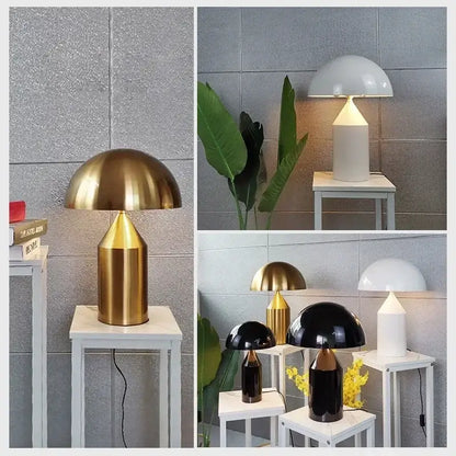 Shiny gold mushroom desk lamp with sleek modern design featured in decorbites designer mushroom collection for bedroom decor