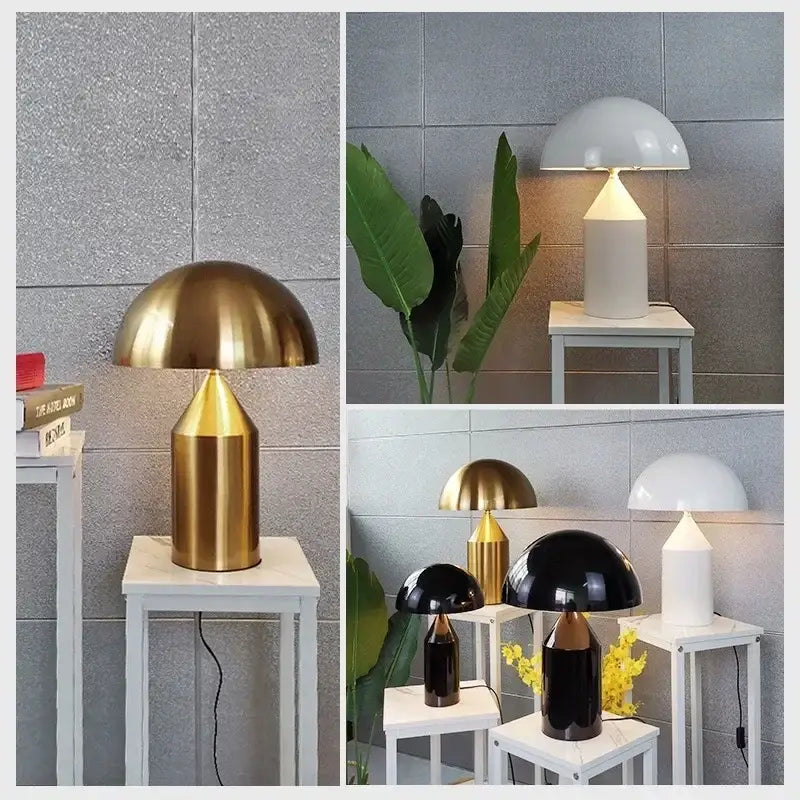Shiny gold mushroom desk lamp with sleek modern design featured in decorbites designer mushroom collection for bedroom decor
