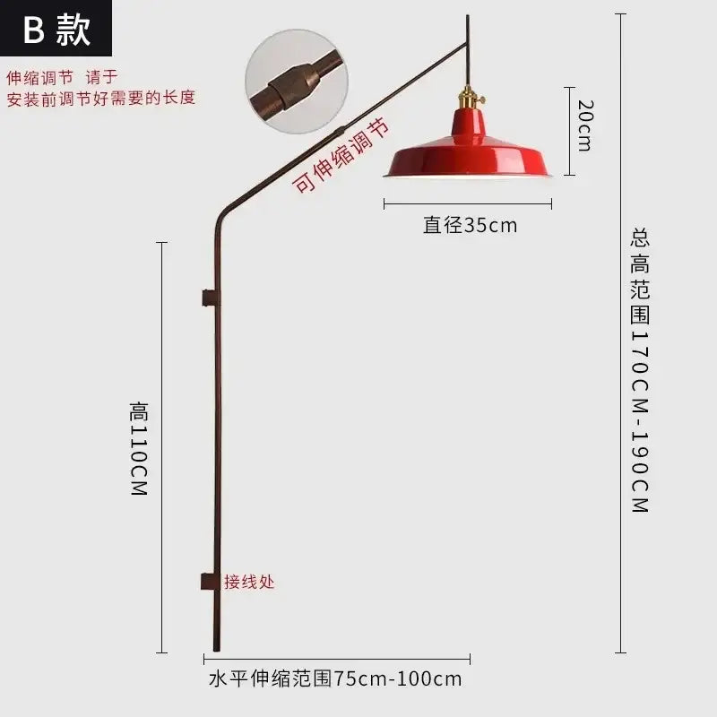 Red industrial wall lamp with brass-finished arm and adjustable height perfect for decorbites gold black swing decor
