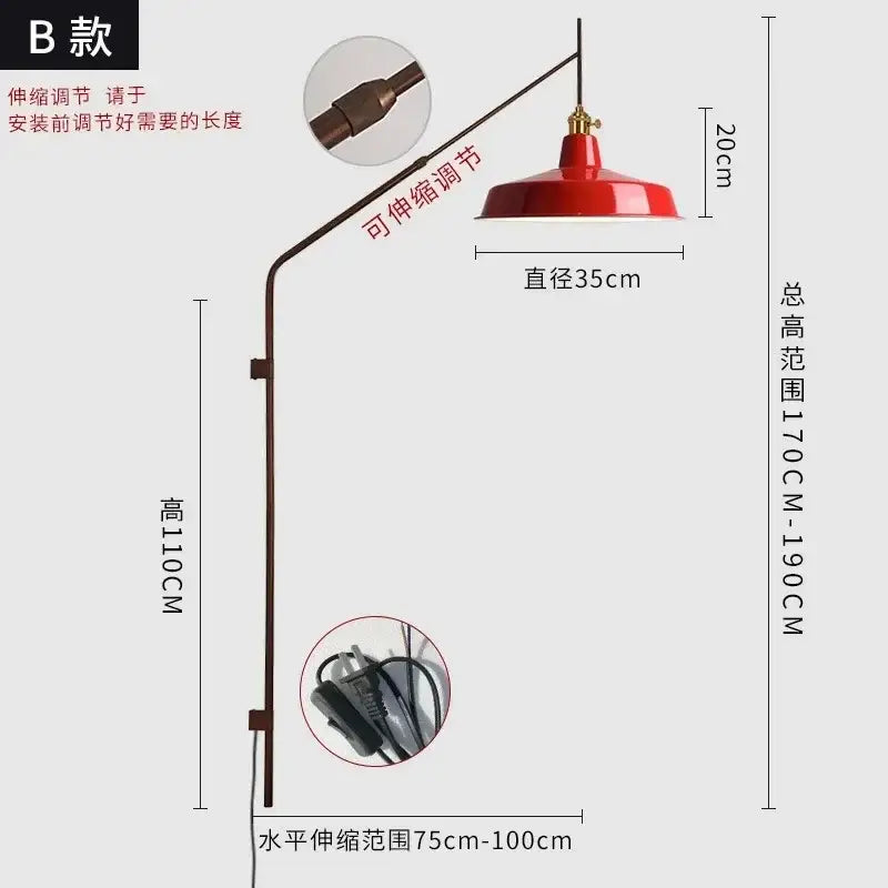 Red industrial wall lamp with brass-finished arm designed as a gold black swing arm reading light for bedroom decorbites gold black