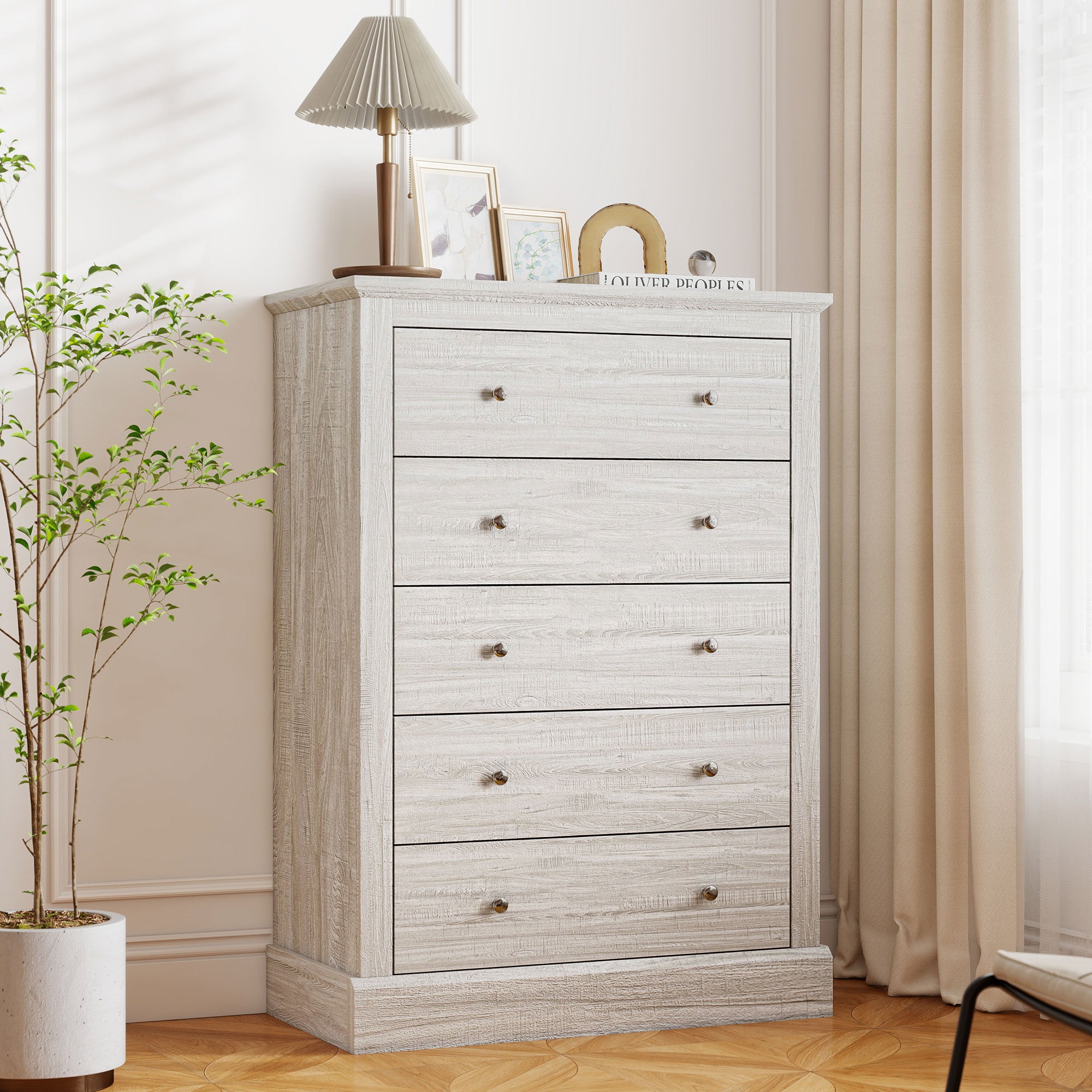 Cómoda de Granja Ancha de 31 Pulgadas con 5 Cajones, Mueble para Dormitorio con Superficie de Madera para Sala de Estar, Roble Sucio