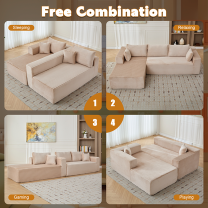 Compression Sectional Couch With Comfy Chaise, Boneless L Shape Sofa With Deep Seat, Minimalist Modular Couches Sleeper For Living Room Bedroom Apartment Lounge,corduroy,Beige