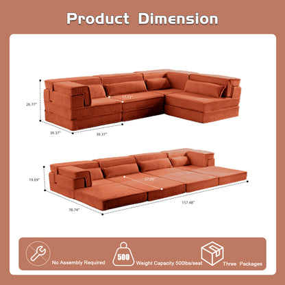 Compression Mahjong Sofa,Convertible Floor Sofa Bed,DIY Boneless Modular Sectional Sofa,No Assembly Required,Circle Fleece Fabric,Oversized 4 Seater With 4 Pillows,Orange
