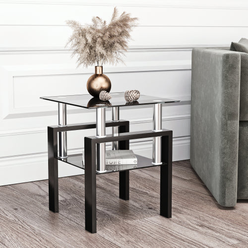 Mesa de Té de Vidrio Templado Moderna de 1 Pieza, Mesa de Café, Mesa Auxiliar, Mesa Cuadrada para Sala de Estar, Negra