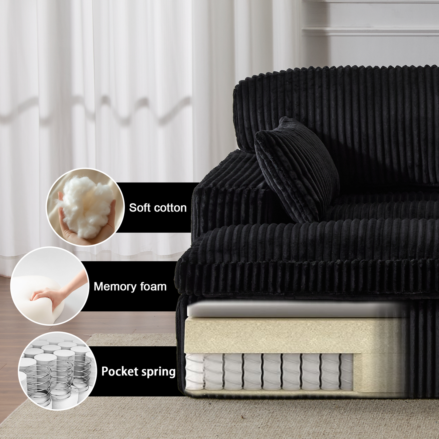 Double Chaise Lounge Chair Indoor,Oversized Upholstered Sleeper Cloud Couch,Deep Seat Luxury Sofa Bed,Sectional Sofa Chaise Love-seat,Corduroy Reading Chair For Living Room,No Assembly Required,Black