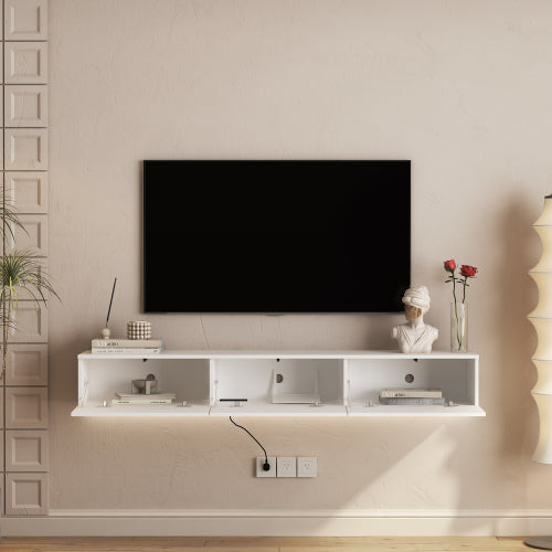 Wandmontiertes Schwebendes TV-Board mit 16-farbigen LEDs, Modernes TV-Board, Schwebendes TV-Schränkchen als Medienzentrum für 55-60-65-Zoll-Fernseher, Weiß