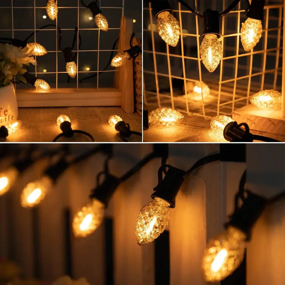 Warm golden-hued diamond chandelier led with faceted amber textured bulbs and black plastic sockets for dining room use