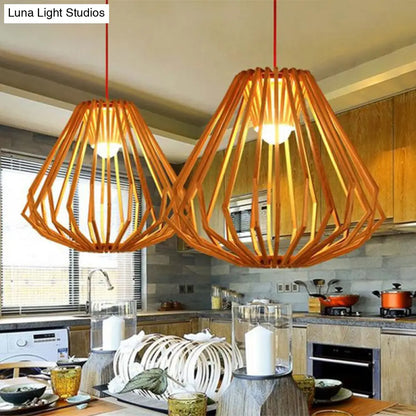 Diamond Cafe Pendant Light - Asian Style Wood Suspension, 1 Head - Beige