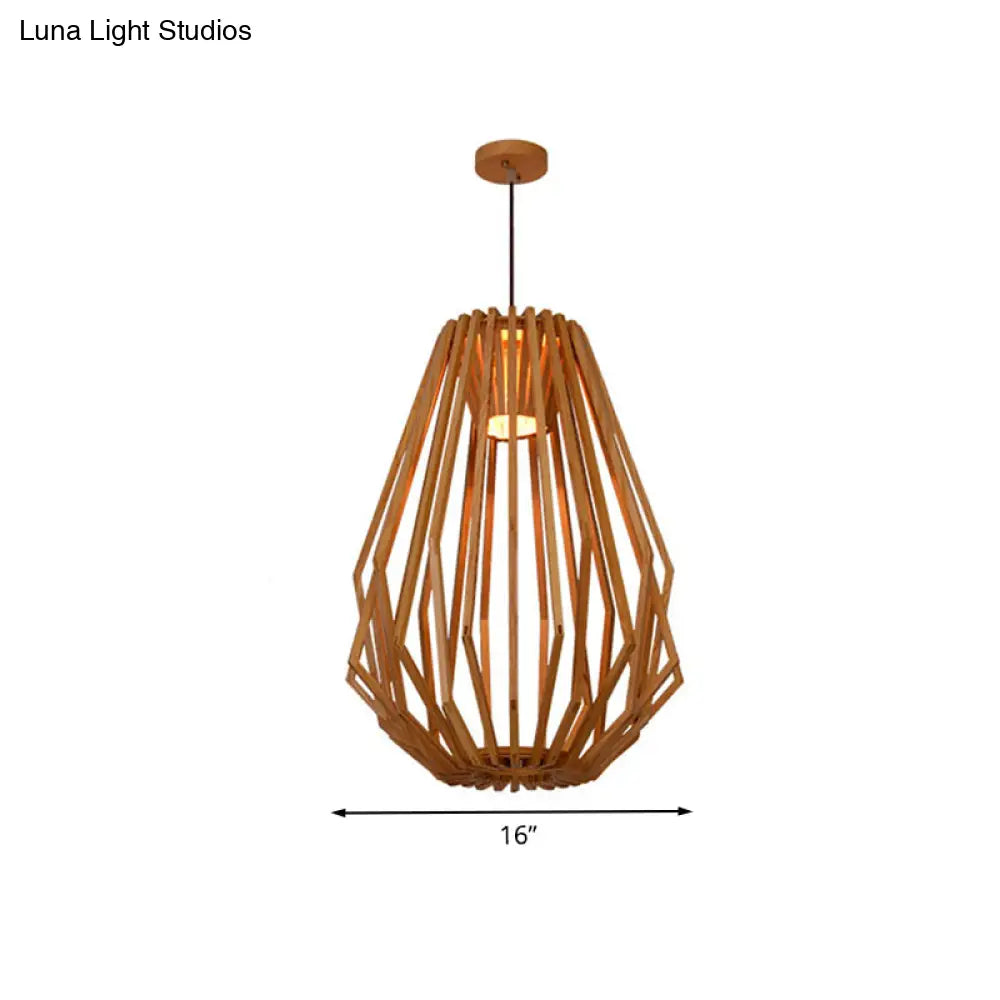 Diamond Cafe Pendant Light - Asian Style Wood Suspension, 1 Head - Beige