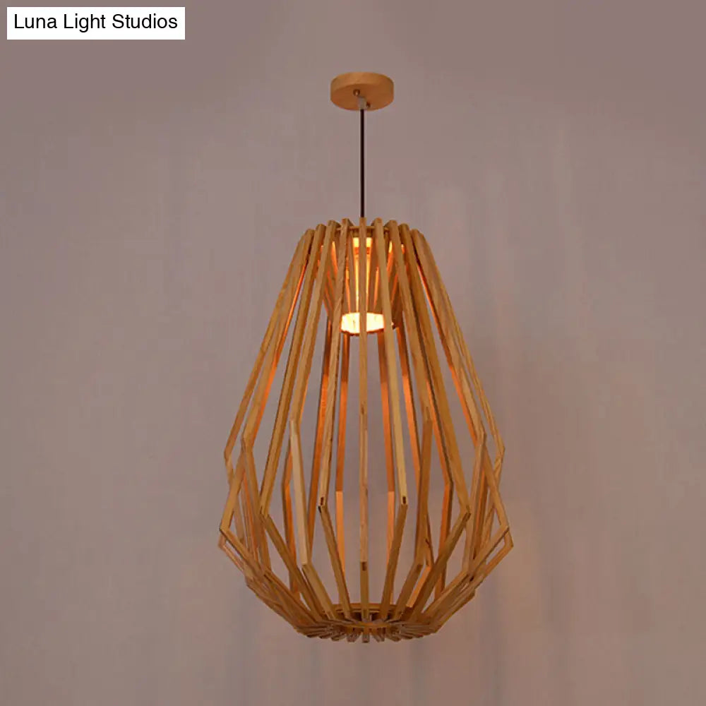 Diamond Cafe Pendant Light - Asian Style Wood Suspension, 1 Head - Beige