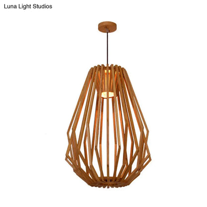 Diamond Cafe Pendant Light - Asian Style Wood Suspension, 1 Head - Beige