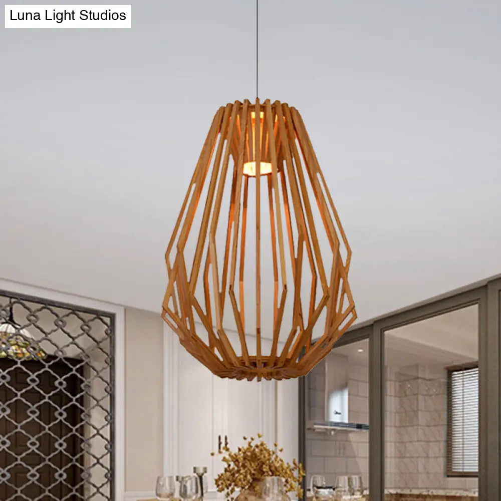 Diamond Cafe Pendant Light - Asian Style Wood Suspension, 1 Head - Beige