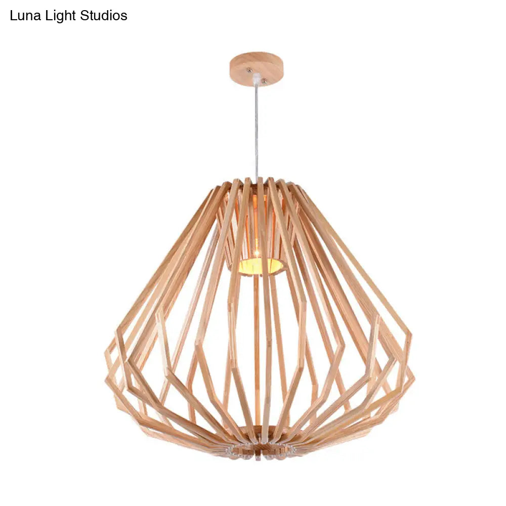 Diamond Cafe Pendant Light - Asian Style Wood Suspension, 1 Head - Beige