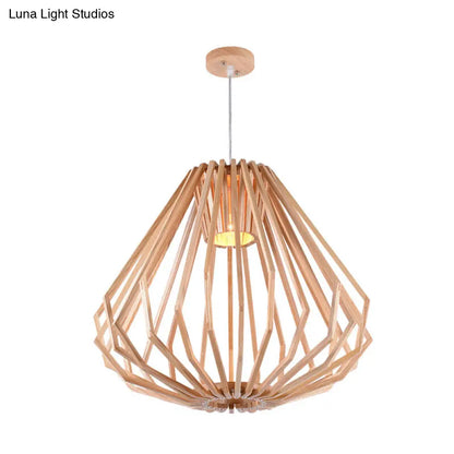 Diamond Cafe Pendant Light - Asian Style Wood Suspension, 1 Head - Beige