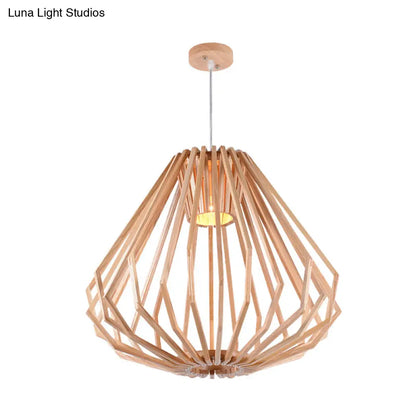 Diamond Cafe Pendant Light - Asian Style Wood Suspension, 1 Head - Beige