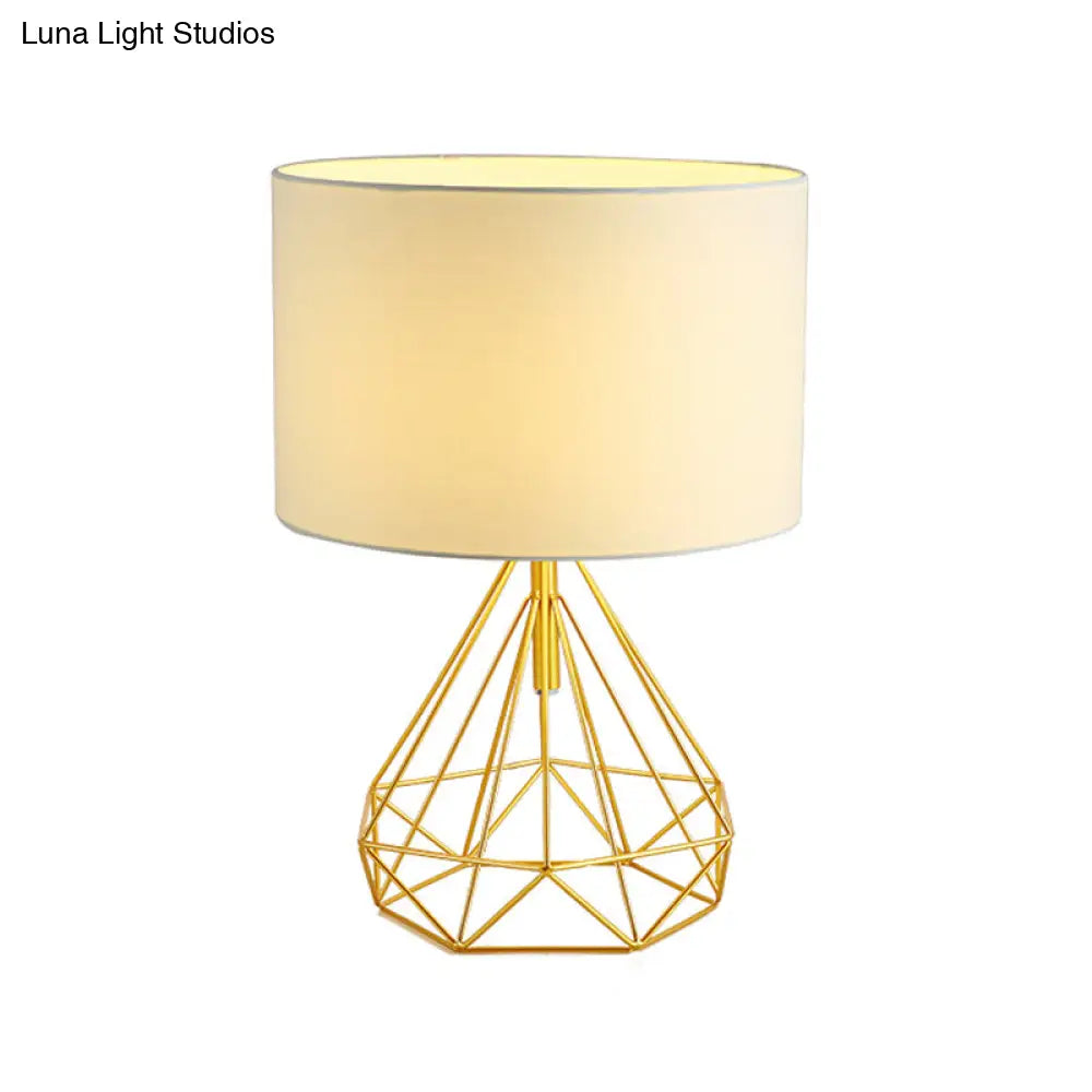 DecorBites™ Diamond Cage Bedside Table Lamp - Metallic Finish, Minimalist Design and Drum Fabric Shade"
