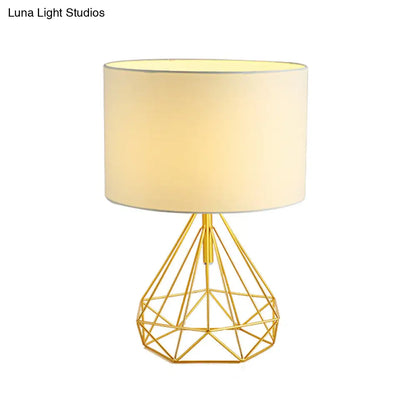 DecorBites™ Diamond Cage Bedside Table Lamp - Metallic Finish, Minimalist Design and Drum Fabric Shade"