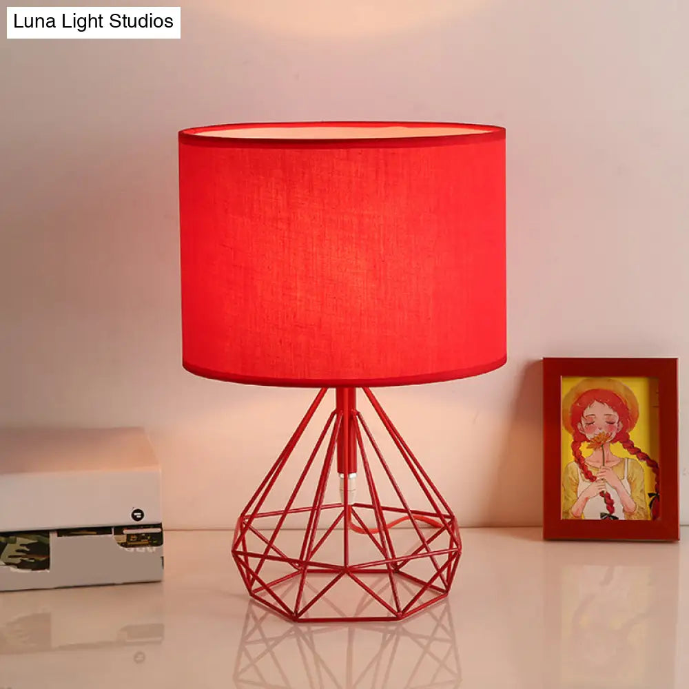 DecorBites™ Diamond Cage Bedside Table Lamp - Metallic Finish, Minimalist Design and Drum Fabric Shade"