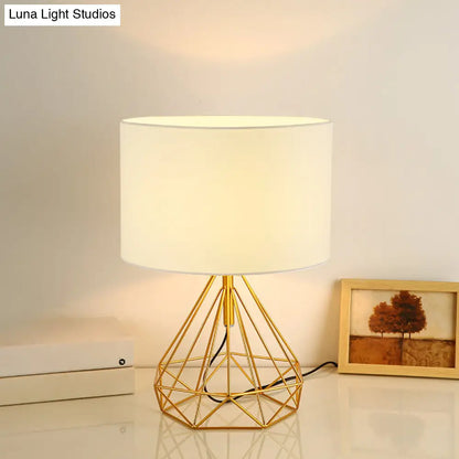 DecorBites™ Diamond Cage Bedside Table Lamp - Metallic Finish, Minimalist Design and Drum Fabric Shade"