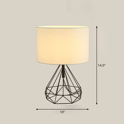 DecorBites™ Diamond Cage Bedside Table Lamp - Metallic Finish, Minimalist Design and Drum Fabric Shade"
