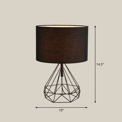 DecorBites™ Diamond Cage Bedside Table Lamp - Metallic Finish, Minimalist Design and Drum Fabric Shade"