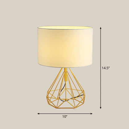 DecorBites™ Diamond Cage Bedside Table Lamp - Metallic Finish, Minimalist Design and Drum Fabric Shade"