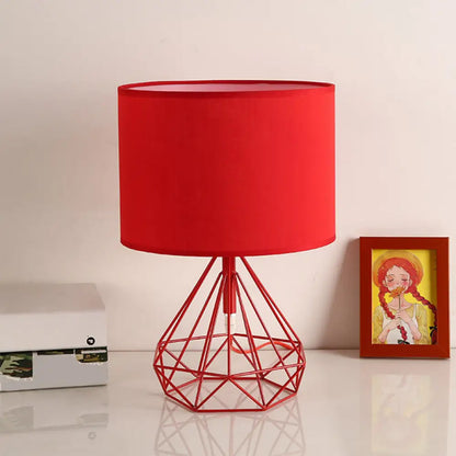 DecorBites™ Diamond Cage Bedside Table Lamp - Metallic Finish, Minimalist Design and Drum Fabric Shade"