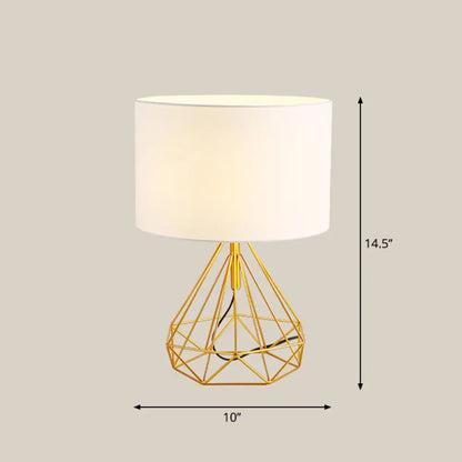 DecorBites™ Diamond Cage Bedside Table Lamp - Metallic Finish, Minimalist Design and Drum Fabric Shade"