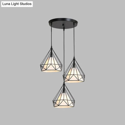 Diamond Cage Industrial Ceiling Light with 3 Multi Pendants and Hanging Cord for Hallway