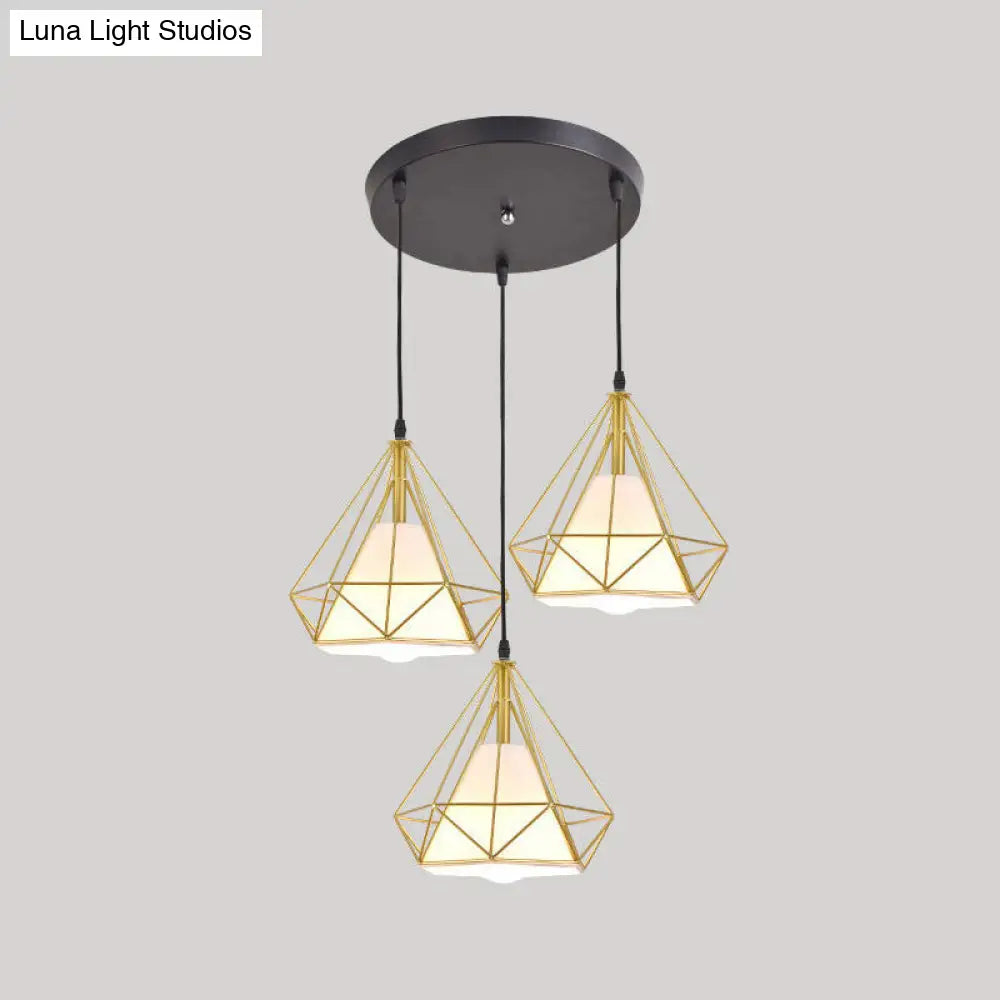 Diamond Cage Multi-Pendant Light with 3 Lights - Creative Industrial Design, Perfect for Restaurants