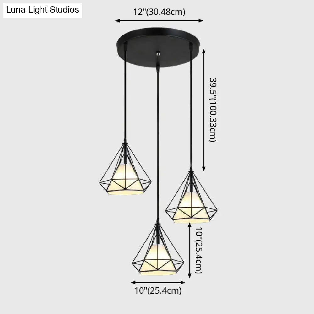 Diamond Cage Multi-Pendant Light with 3 Lights - Creative Industrial Design, Perfect for Restaurants