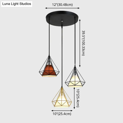 Diamond Cage Multi-Pendant Light with 3 Lights - Creative Industrial Design, Perfect for Restaurants