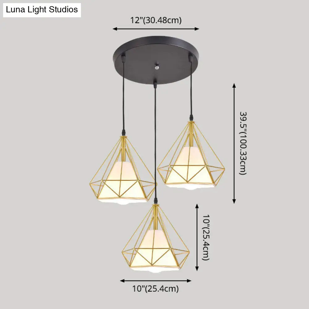 Diamond Cage Multi-Pendant Light with 3 Lights - Creative Industrial Design, Perfect for Restaurants