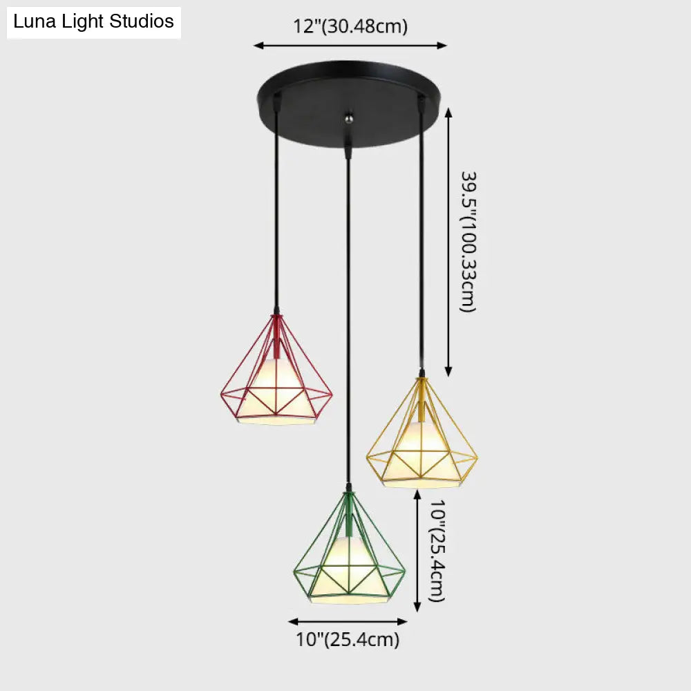 Diamond Cage Multi-Pendant Light with 3 Lights - Creative Industrial Design, Perfect for Restaurants