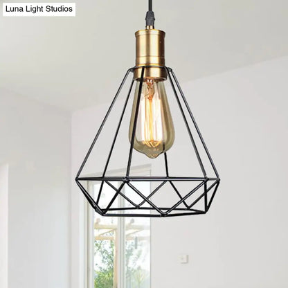 Diamond Cage Pendant Light in Retro Style- Brass/Antique for Living Room