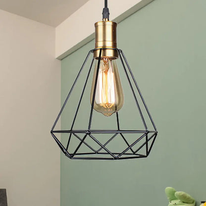 Diamond Cage Pendant Light in Retro Style- Brass/Antique for Living Room