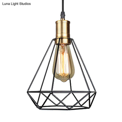 Diamond Cage Pendant Light in Retro Style- Brass/Antique for Living Room