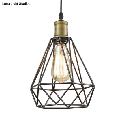 Diamond Cage Pendant Light in Retro Style- Brass/Antique for Living Room