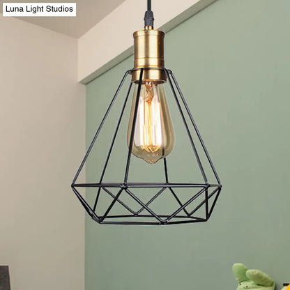 Diamond Cage Pendant Light in Retro Style- Brass/Antique for Living Room