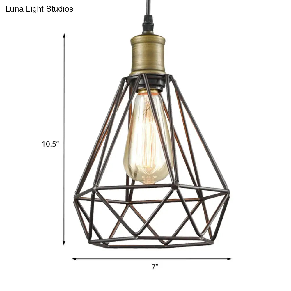 Diamond Cage Pendant Light in Retro Style- Brass/Antique for Living Room