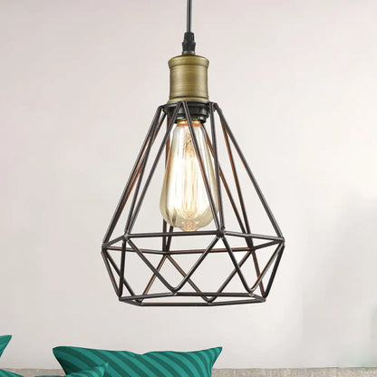 Diamond Cage Pendant Light in Retro Style- Brass/Antique for Living Room