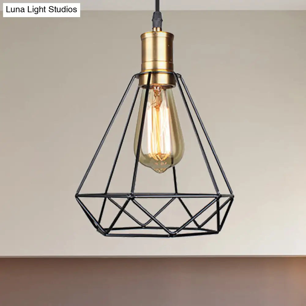 Diamond Cage Pendant Light in Retro Style- Brass/Antique for Living Room