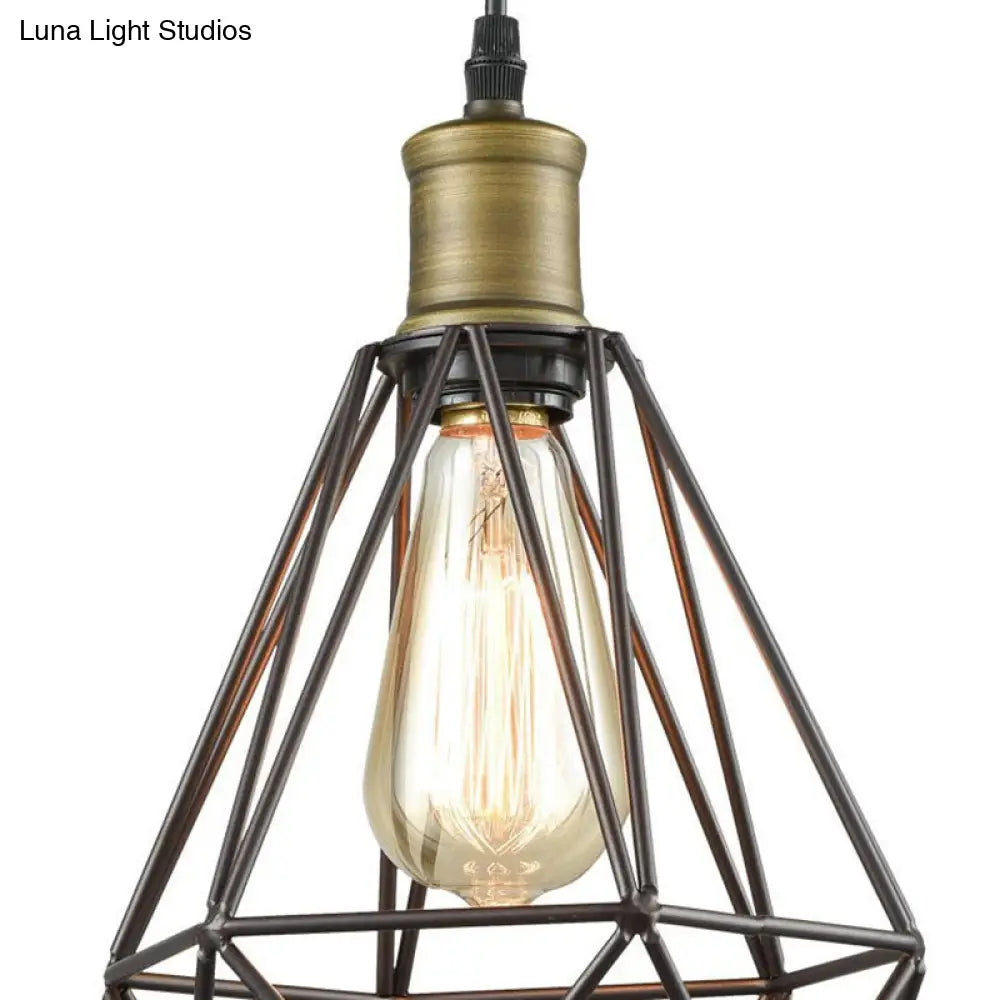 Diamond Cage Pendant Light in Retro Style- Brass/Antique for Living Room