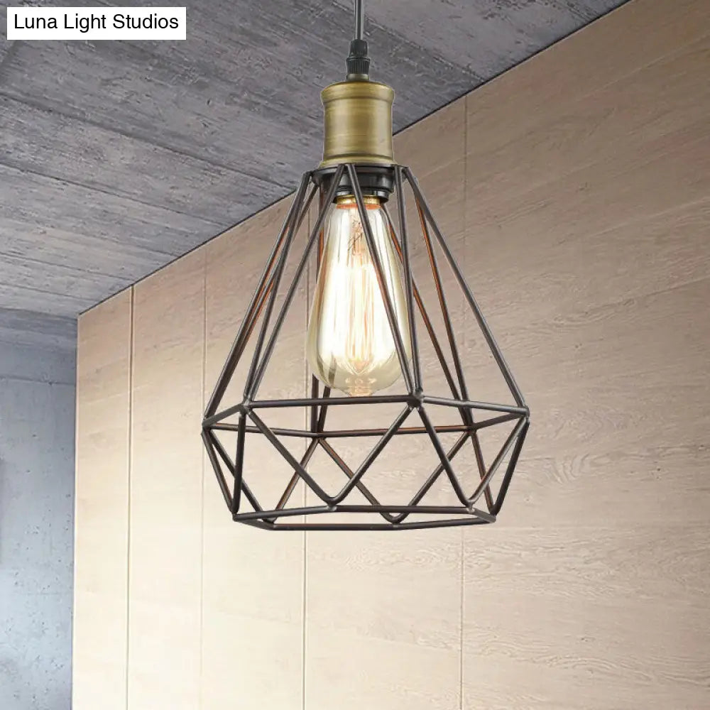 Diamond Cage Pendant Light in Retro Style- Brass/Antique for Living Room