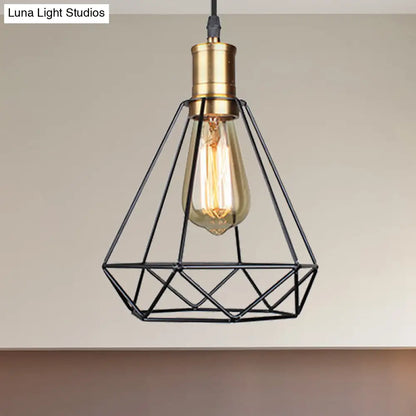 Diamond Cage Pendant Light in Retro Style- Brass/Antique for Living Room