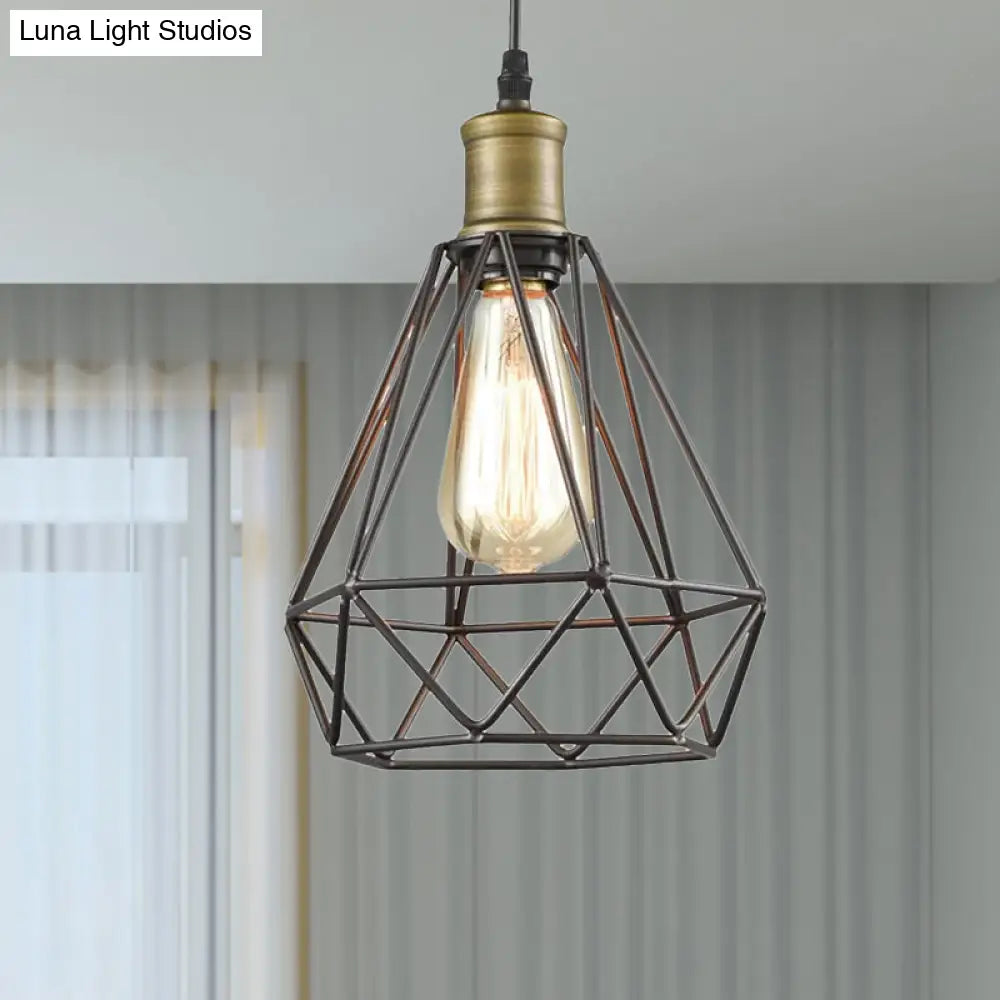 Diamond Cage Pendant Light in Retro Style- Brass/Antique for Living Room