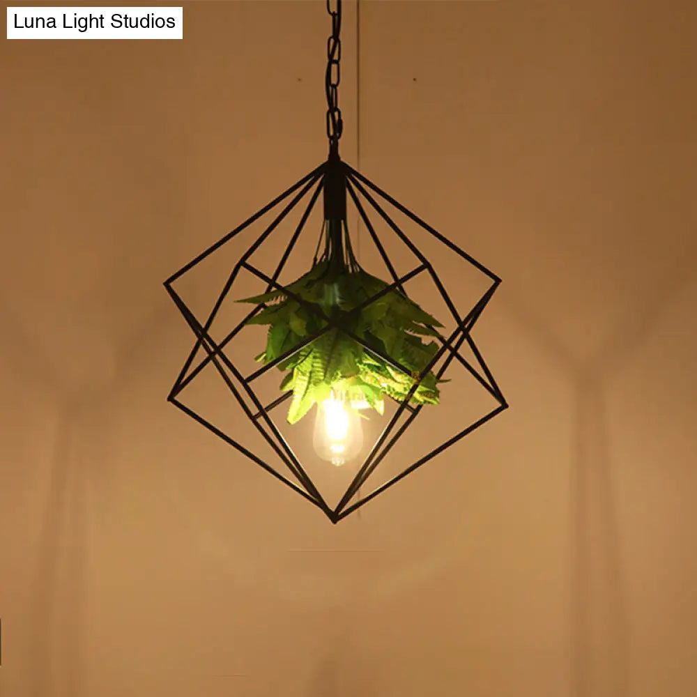 Diamond Cage Pendant Light with Black Farm Finish - Metallic Hanging Lamp Kit with Green Plant Décor