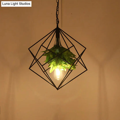 Diamond Cage Pendant Light with Black Farm Finish - Metallic Hanging Lamp Kit with Green Plant Décor