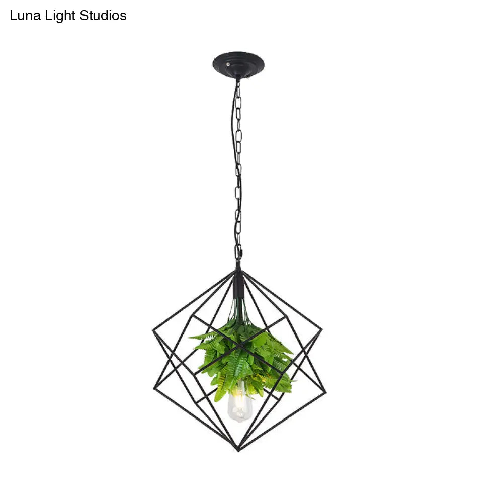 Diamond Cage Pendant Light with Black Farm Finish - Metallic Hanging Lamp Kit with Green Plant Décor